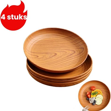 Service de table 4 pièces avec assiettes rondes effet bois vieilli pour café gâteau dessert et fruits marron (1/5)
