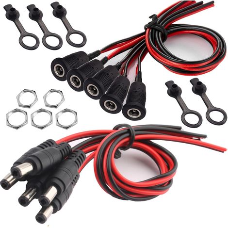 5 Paires 18AWG 12V 5A 5.5mm x 2.5mm DC d'alimentation Connecteur,DC Pigtail Cable,5.5mm x 2.5mm Connecteur DC, connecteur Montage sur Panneau pour Vidéo Surveiller CCTV Caméra Câble