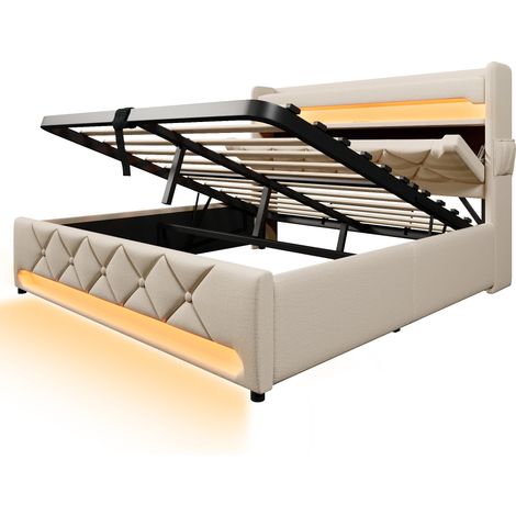 Cama tapizada 180x200 cm beige de lino con LED 360°, USB, USB-C y arcón (1/5)