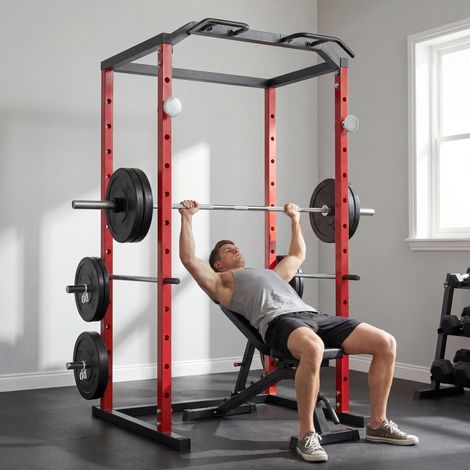 Jaula de Potencia Rack de Sentadillas con Barra Dominadas Estación de Fondos Ajustable para Casa Gimnasio Carga 460 kg