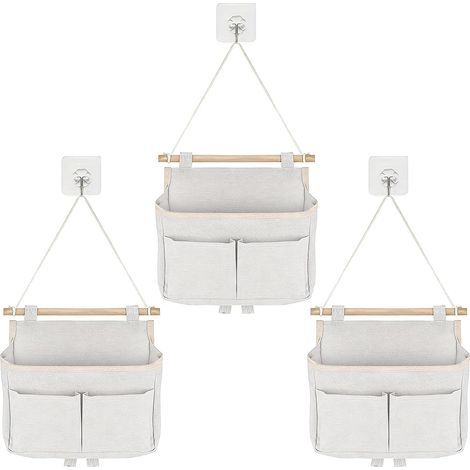 3 Pièces Sac de Rangement Suspendu Sac De Rangement Mural Tissu Lin Pliable Sac Suspendu de Rangement avec Poche et Crochets pour Chambre Bureau Salle de Bain Cuisine (Beige) (1/5)