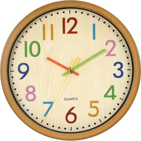 Crediri Kinder-Wanduhr, 32 cm (12,5 Zoll), mit geräuschlosen, nicht tickenden, bunten Zahlen, leicht zu lesen, Wohnaccessoires und Dekoration (1/5)