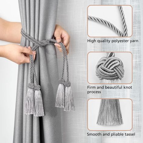 Paire de 2 embrasses de rideau à double pompon fait main, corde tressée avec nœuds, style européen, ornement décoratif pour maison et bureau (bronze) (1/5)