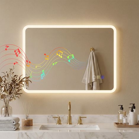 Miroir salle de bain LED bluetooth 50 x 70 cm interrupteur tactile lumière réglable 3 couleurs anti-buée mémoire argent (1/5)