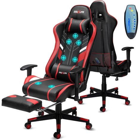 Gaming Stuhl 7Punkt Massage Fußstütze 2D Armlehne 180kg Schwarz Rot (1/5)