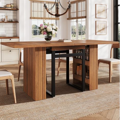 MODFU – Mesa extensible 120-200x80x78 cm con almacenamiento oculto, patas de metal negro y MDF – Marrón oscuro (1/5)