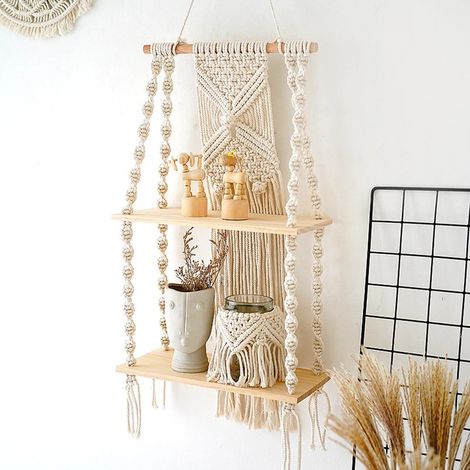 Estantería de pared de macramé, 2 niveles, colgador de plantas de pared estilo bohemio, hecho a mano con cuerda tejida, decoración artística de pared para apartamentos y residencias estudiantiles. (1/4)
