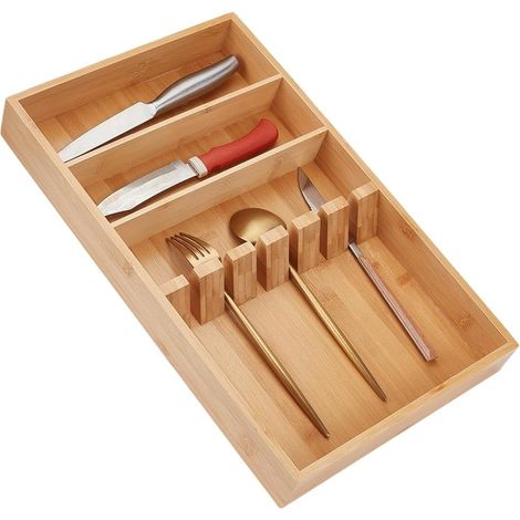 Tiroir à Couverts en Bois Organiseur de Couverts de Cuisine 3 compartiment avec 6 emplacements pour Cartes Plateau à Couverts pour Fourchettes Couteaux Cuillères 25.5x42x5cm (1/5)