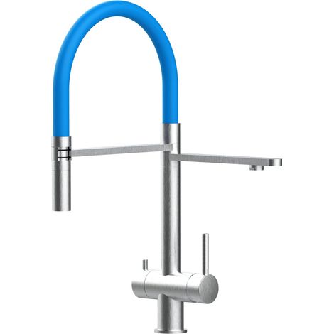 Rubinetto 3 vie miscelatore lavello cucina VIZIO in Acciaio INOX Spazzolato - Canna azzurra movibile e doccia due getti staccabile - ACCIAIO CHIRURGICO AISI 316 (1/4)