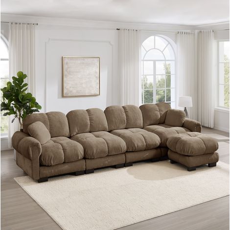 Sofá esquinero modular (330x149x90 cm), con otomana móvil, cojines acolchados, chenilla marrón (1/5)
