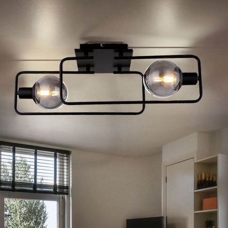 Plafoniera, luce soggiorno, lampada da soffitto, luce sala da pranzo, lampada da corridoio, metallo nero, vetro fumé, 2 lampadine E14, L 61 cm