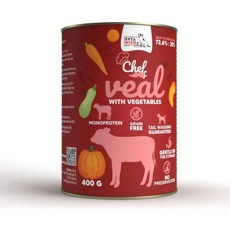 Nassfutter für Hunde, Napf füllen, Kalbfleisch mit Gemüse, 12 x 400 g