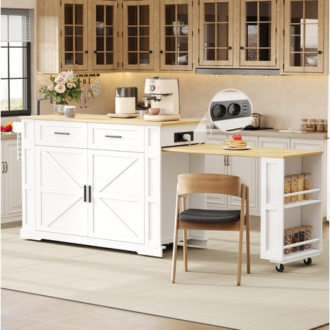 Îlot de cuisine extensible 130x50x93 cm en MDF blanc/chêne, avec rangement pour cuisine FloraGrace (1/5)