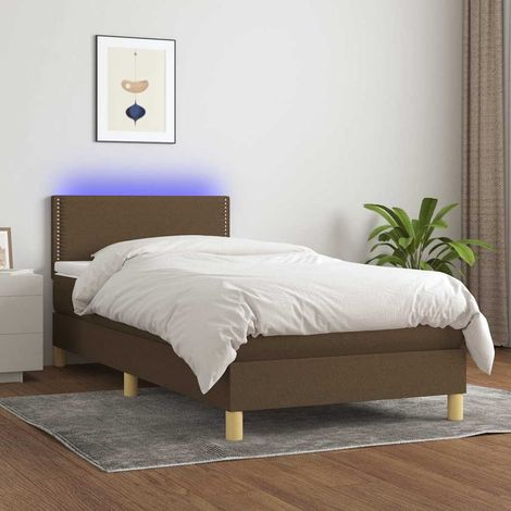 Cama box spring con colchón LED tela marrón oscuro 100x200 cm (1/5)