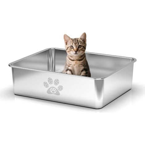 Bac Litiere pour Chat INOX Acier Inoxydable Alimentaire Bac à Litière Chat Entrée Basse Chats âgés, Bords Arrondis - Antirouille, Antiadhésif Convient aux Foyers avec Plusieurs Chats,45x35x15cm (1/5)
