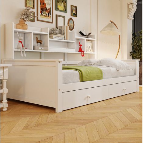 Cama diván 90x200 con cajones y estantes, blanca, OKWISH (1/5)
