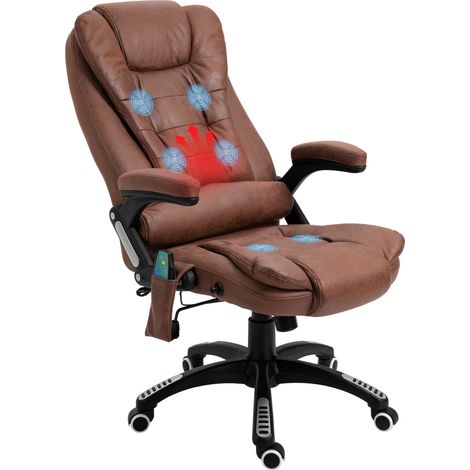 Massage Recliner Chair Heated Office Chair Six Massage Points Microfiber Cloth 360° Swivel Wheels Brown (1/5)