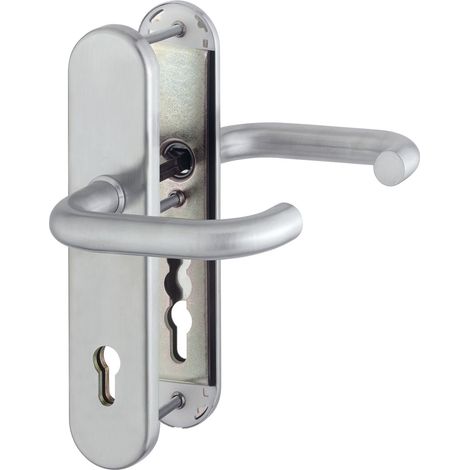 Poignée de sécurité Norme Paris DIN Distance 92 mm, acier inoxydable mat, plaque longue, cylindre profilé pour épaisseur de porte 77-82 mm, sans protection anti-traction, classe 3, 1