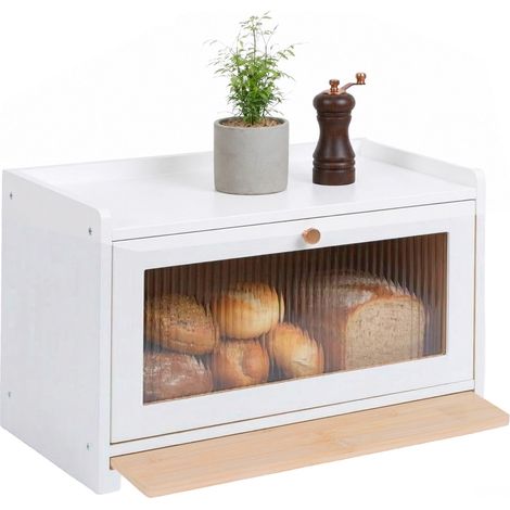Relaxdays Contenitore pane bambù con tagliere e ripiano, fori d'aerazione, finestra acrilica, 26x40x25 cm, bianco