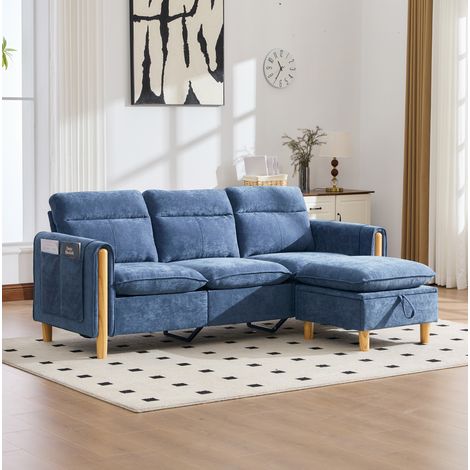 Divano angolare a 3 posti 201x77x86 cm con vano contenitore, tasca laterale e chaise longue reversibile, tessuto ciniglia - blu (1/5)
