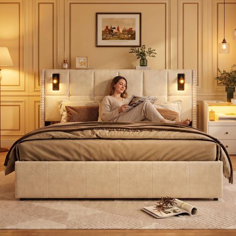 Lit Coffre 140x200cm,lit Double 140x200cm avec Lampe de Lecture,LIT Hydraulique avec Fonction de Rangement,Sommier à Lattes,Lit 2 Personnes pour Adulte,sans Matelas, Beige Blanc (1/5)