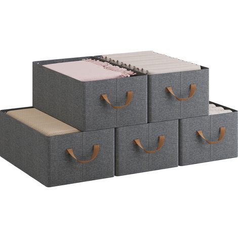 WOLTU Set of 5 Foldable Storage Boxes, Fabric Containers with Handles, 47x28x20 cm, Grey+Brown