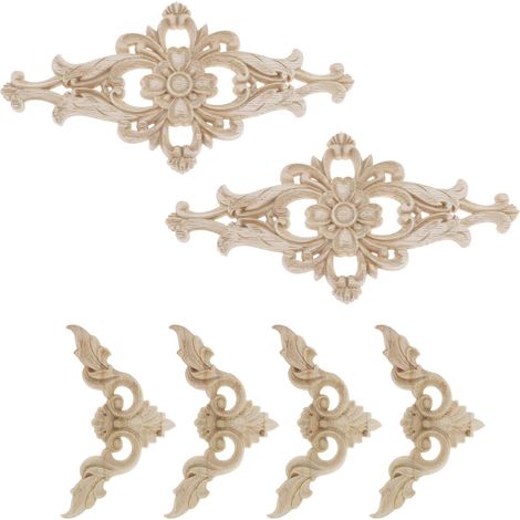 Set of 6 unpainted carved wooden corner appliques, decorative for furniture, doors, windows, and mirrors (1/5)