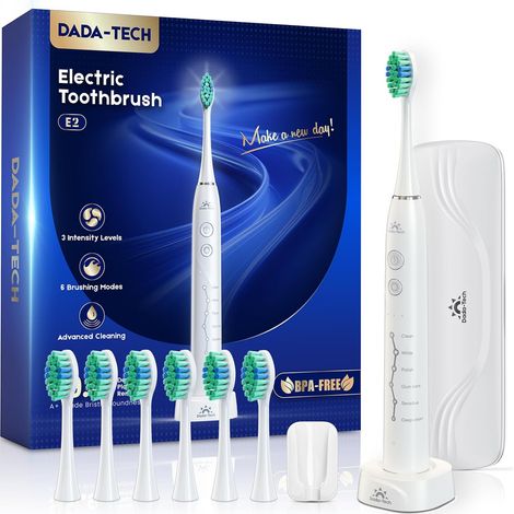 Brosse à dents électrique pour adultes et enfants, rechargeable, sonique, avec étui de voyage, support et 7 têtes de brosse, 6 modes et 3 intensités, minuterie de 2 minutes (Blanc) (1/5)