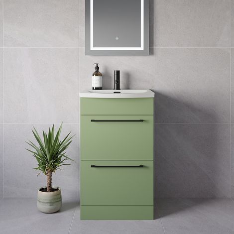 Napoli 390 Olive Green 500mm 2 Drawer Vanity Unit with Arc Basin - 500mm - Matt Black 320mm Handle