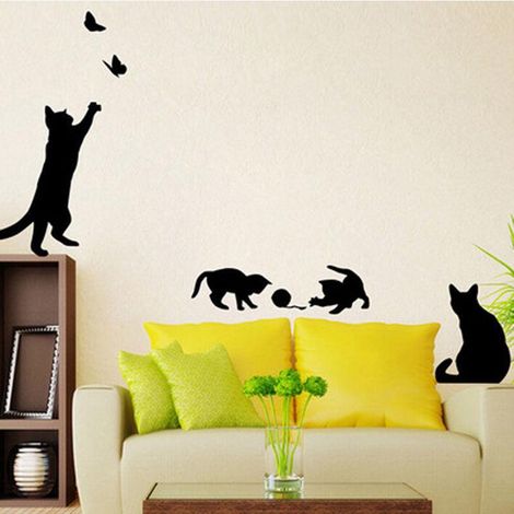 Chat mural autocollant chat sautant, déco salon adhésif mural, stickers interrupteur art papier peint, vinyle noir papillon décoration (1/5)