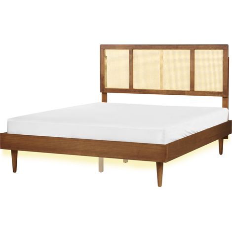 Cama LED con somier moderno cabecero trenza vienesa madera de caucho clara 160 x 200 cm Auray