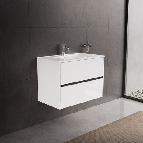 Inda - Badezimmerschrank 2 Schubladen L.80 mit glänzendem Waschbecken / Glänzendes Weiß - diamante (1/5)