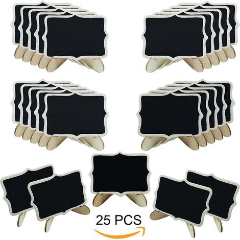 Lot de 25 mini tableaux noirs en bois avec support, ardoises miniatures pour messages, tableaux d'affichage, dîners de mariage, etc. (1/5)