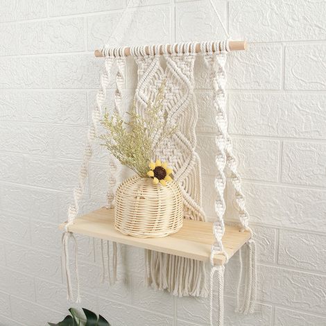Tenture bohémienne tressée artisanale en coton, étagère murale à poches, beige clair, 32x50 cm, 1 pièce (1/5)