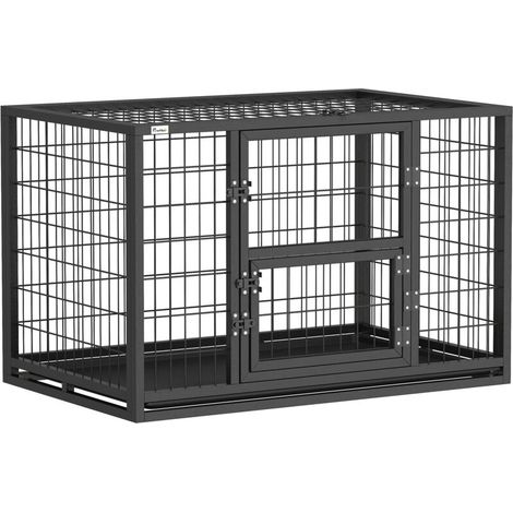 Cage robuste pour chien intérieur, niche acier noir 94x60x64 cm, toit ouvrant + porte de nourrissage, idéale dressage (1/5)