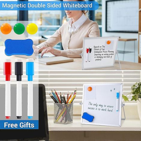 Tableau blanc magnétique double face de bureau, 25 x 25 cm, avec support, 3 marqueurs, 3 aimants et une gomme - Mini tableau blanc portable de table (1/5)