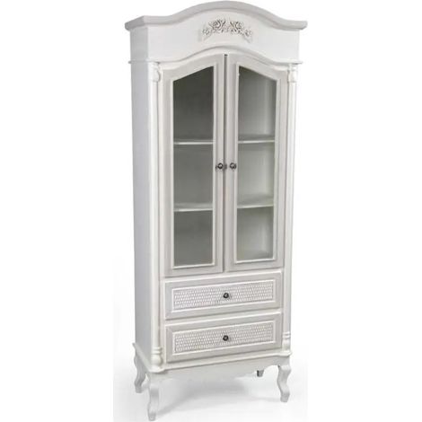 Elegante Vitrine aus massivem Holz, 75 x 39 x 190 cm, antikweiß mit grauen Patina-Details