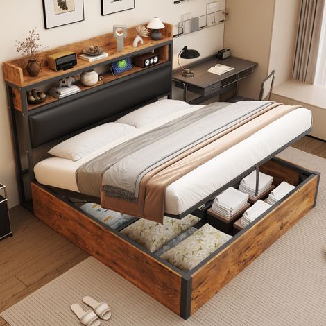 Bett mit Stauraum Metall, Holz und Stoff Schwarz 180x200 cm, hydraulische Hebefunktion, USB und Kopfteilablage (1/5)