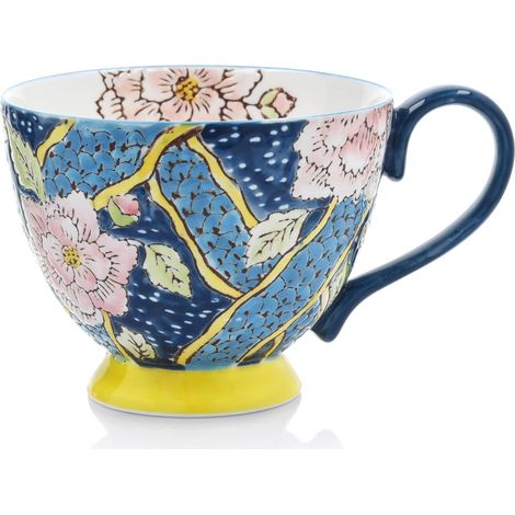 Blumenmuster-Steingutbecher 350 ml, Marineblau und Gelb, Floristenladen (1/5)