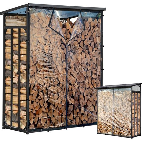 Metall Kaminholzregal Außen 130 x 70 x 185 cm Mit Wetterschutz Transparent, Pro - 40 mm Stahlprofil, Anthrazit, Wetterfest, Kapazität 1,6 m³ (2,5 SRM), L Garten Kaminholzunterstand Stapelhilfe