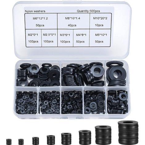 500 pièces rondelle plate en nylon, rondelle plate isolée joint rond joint d'étanchéité kit d'assortiment de tuyaux-M2/M2.5/M3/M4/M5/M6/M8/M10 (noir) (1/5)