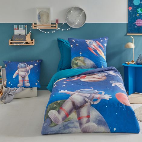 Housse de couette enfant percale de coton astronaute et fusée Bleu 140x200 cm