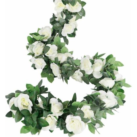 Set of 4 Artificial Rose Garlands with Ivy Leaves, Faux Silk Roses, Artificial Flowers for Hanging at Home, Wedding, Arch, Garden Arrangement (White)