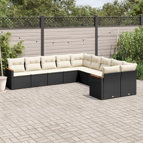 10-tlg. Garten-Sofagarnitur mit Kissen Schwarz Poly Rattan (1/5)