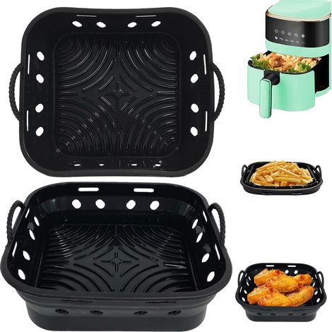 Set di 2 tappetini da cottura in silicone per friggitrice ad aria (5-7,5 L), spessore 5 mm, riutilizzabili, realizzati in silicone alimentare nero, resistente al grasso.