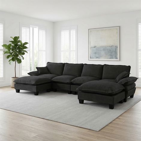Canapé d'Angle Panoramique en Chenille - 332x151x90cm - Modulaire en U Design Voilier avec Ottomanes Amovibles - Noir (1/5)