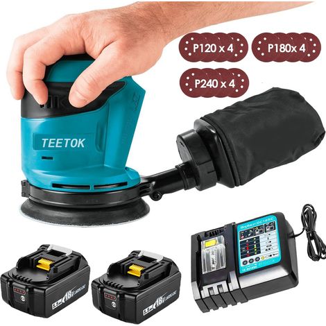 Teetok – Ponceuse excentrique sans fil 18V – Moteur Brushless – Ø125mm avec sac à poussière et 12 disques – 2 batteries 5500mAh
