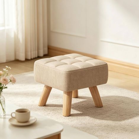 Tabouret 27x27x26 cm en bois et tissu brun clair, gain de place pour salon ou chambre FloraGrace (1/5)