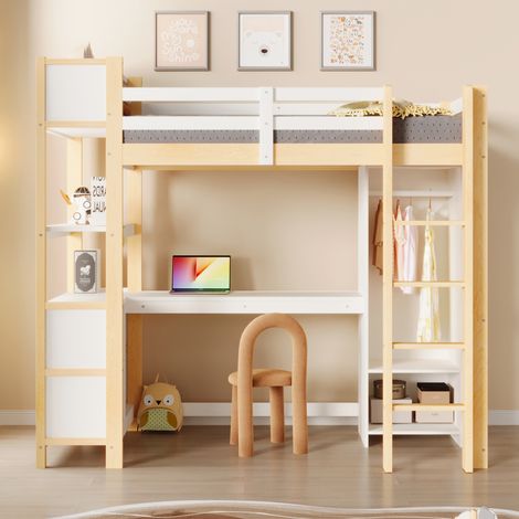 Lit minuit,90x200 cm,étagères,plusieurs compartiments de rangement,bureau,armoire,sans matelas,naturel