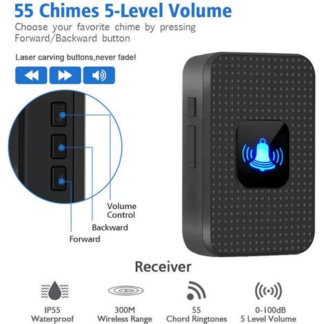 Sonnette sans fil étanche IP55 pour extérieur – Kit carillon électronique avec 55 mélodies, portée 300 m, LED bleue, noir (1/3)